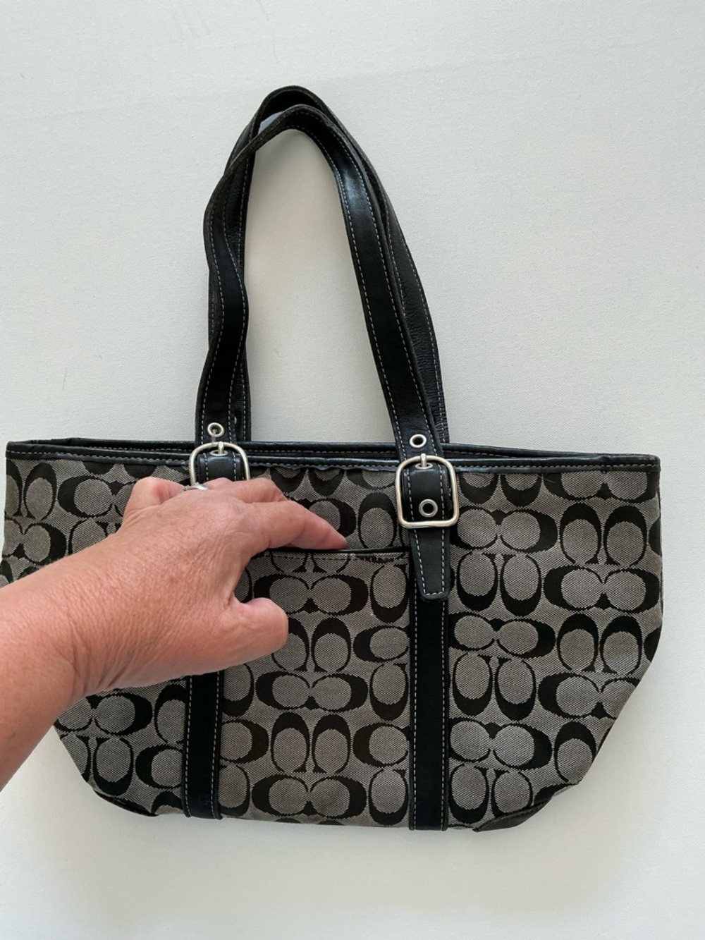 Coach Signature Canvas Tote Bag Brown Black Leather Trim Style 6042 - Picture 2 of 15
